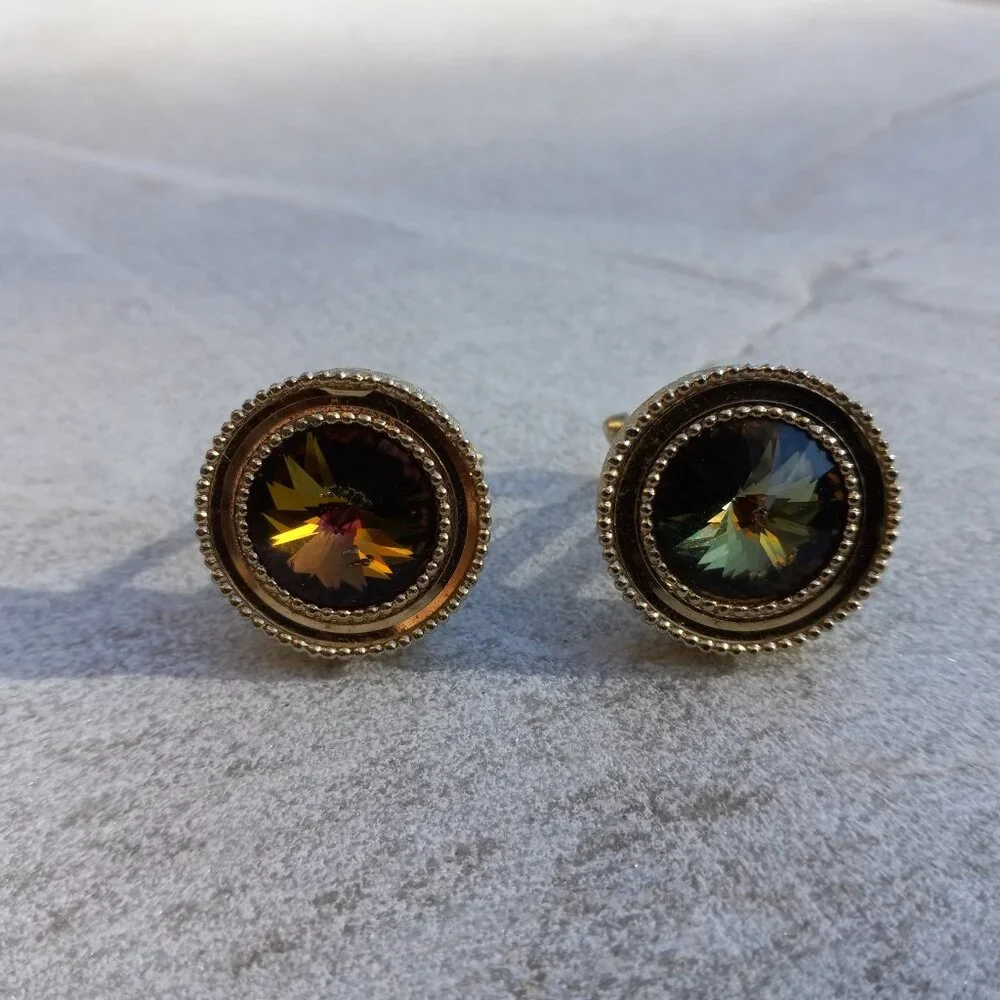 1960s MCM Swarovski Rivoli Crystal Gold Cufflinks Mad Men Style